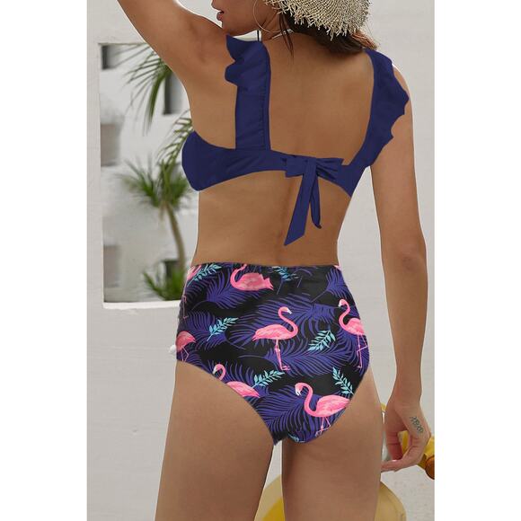 NWT Navy Blue Ruffle Halter Floral Printed High Waist Bottom Bikini - Picture 5 of 6